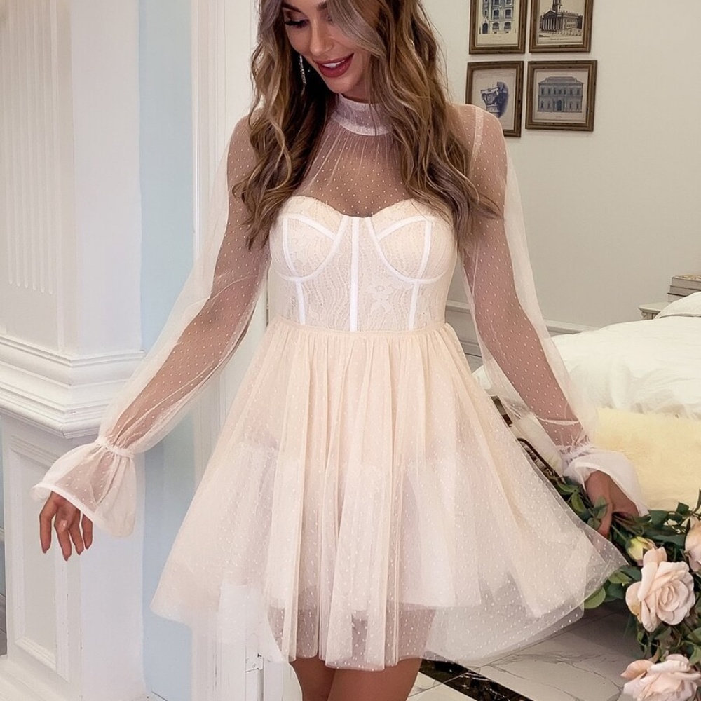 polka dot mesh sheer sleeve ruffle party dress - Picture 4 of 13